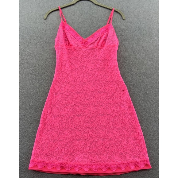 Victorias Secret Lingerie Dress Medium Hot Pink Fully Lace Nightie Mini Bows - Picture 1 of 11